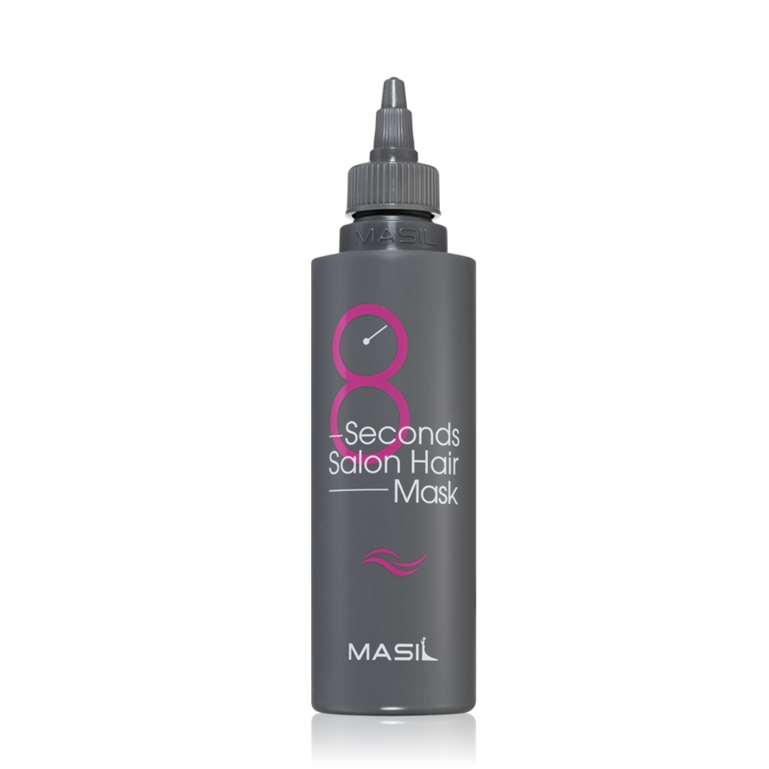 Gray bottle of 8 Seconds Salon Hair Mask with MASIL branding on a white background
