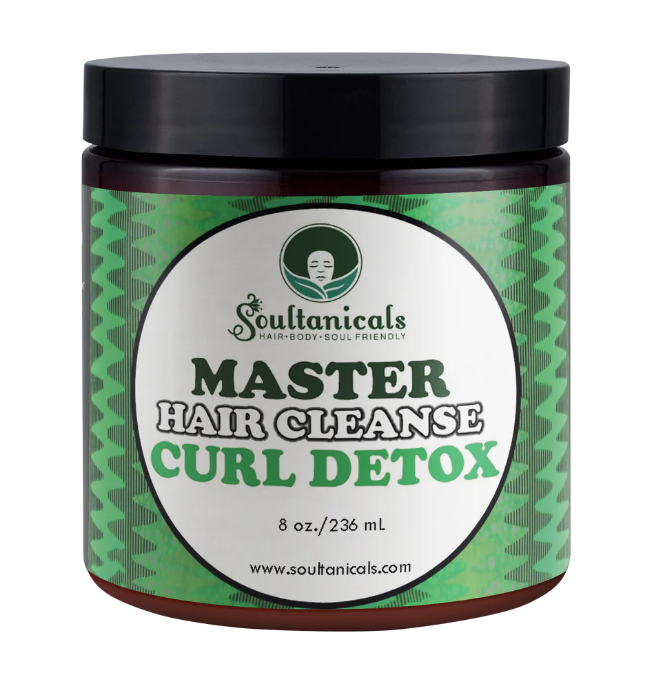 A jar of Soultanicals Master Hair Cleanse Curl Detox, 8oz size, with a green and black label.
