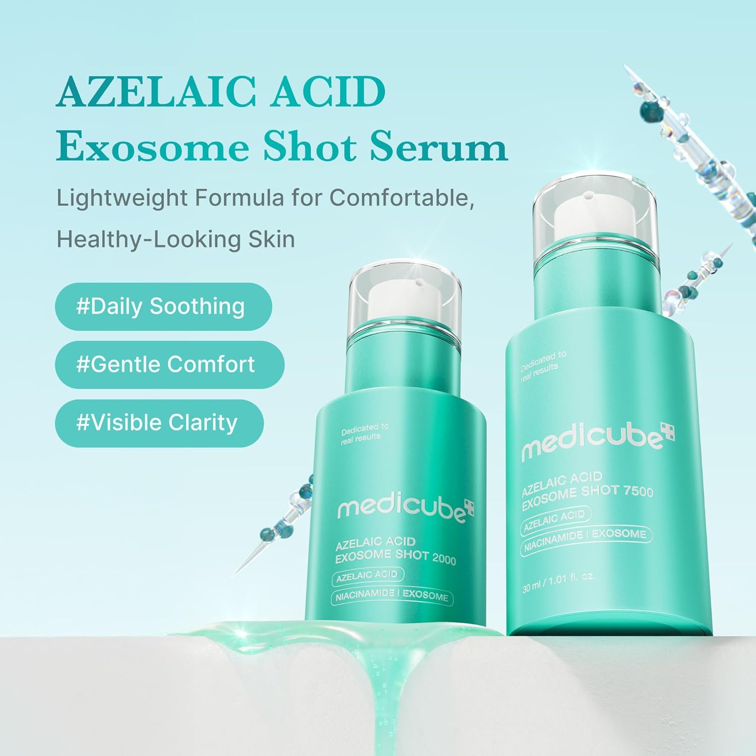 medicube azelaic acid exosome shot serum 7500 30ml infographic lightweight soothing formula