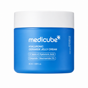 medicube hyaluronic ceramide jelly cream in a blue jar with a white lid on a white background