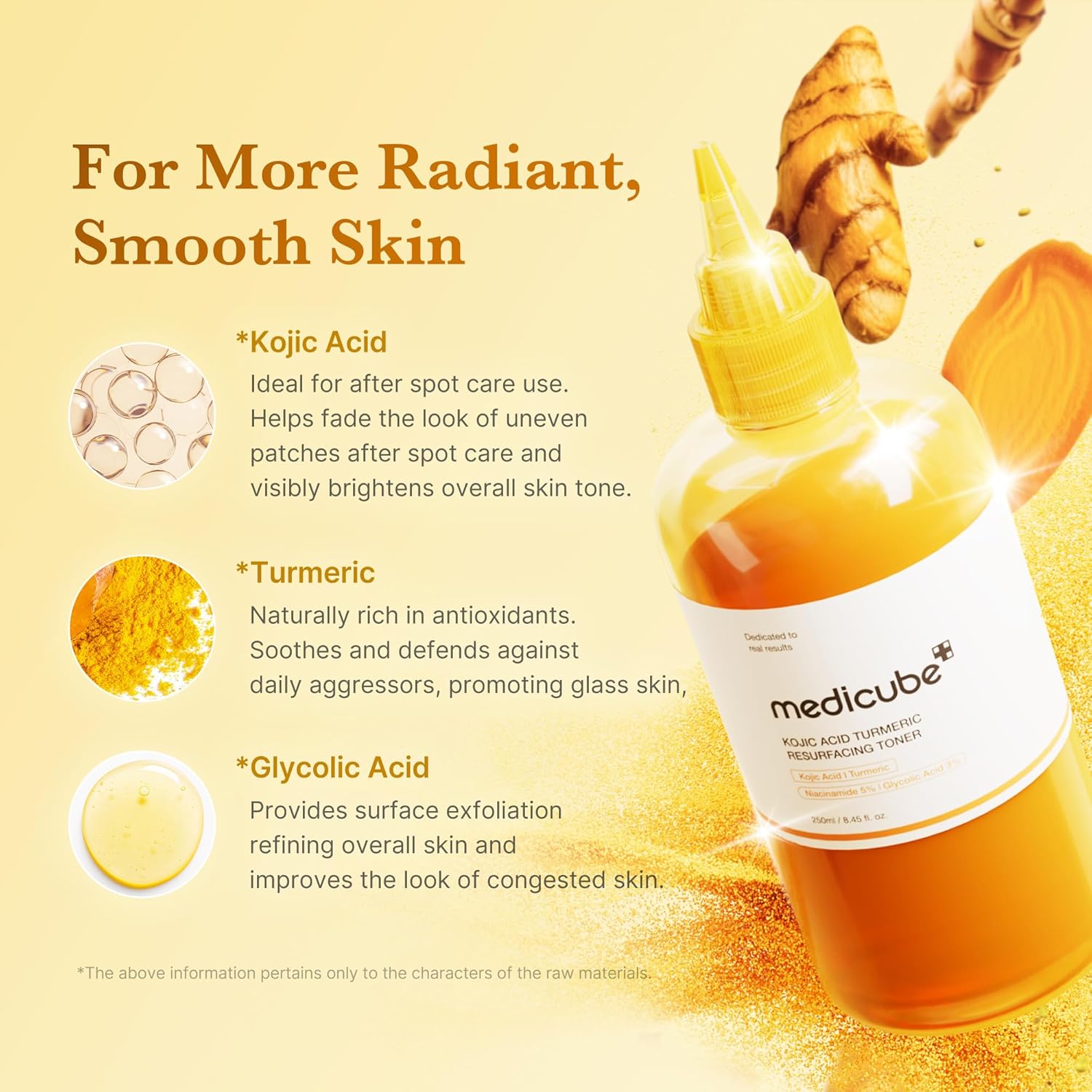 medicube kojic acid tumeric resurfacing toner key ingredients infographic kojic acid, tumeric and glycolic acid