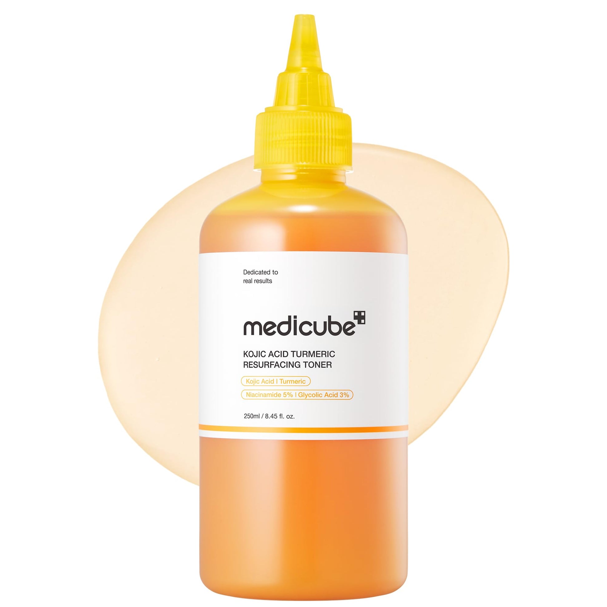 medicube kojic acid tumeric resurfacing toner twist top bottle with liquid swatch 