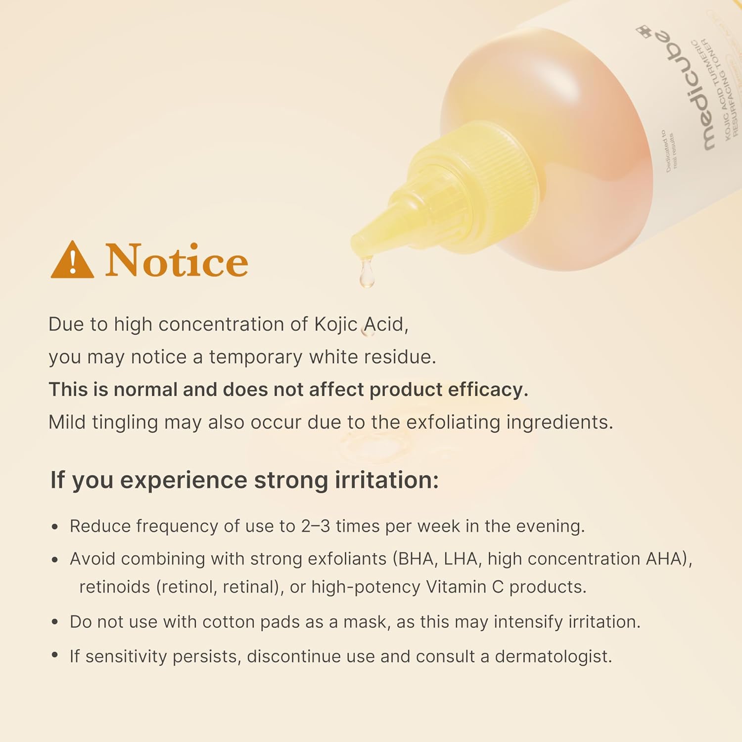 medicube kojic acid tumeric resurfacing toner warning notice, strong irritation may occur