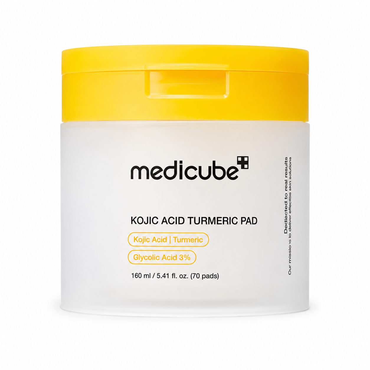 medicube kojic acid turmeric pad exfoliating toner pads with glycolic acid 3% in a white jar with a yellow flip-top lid on a white background