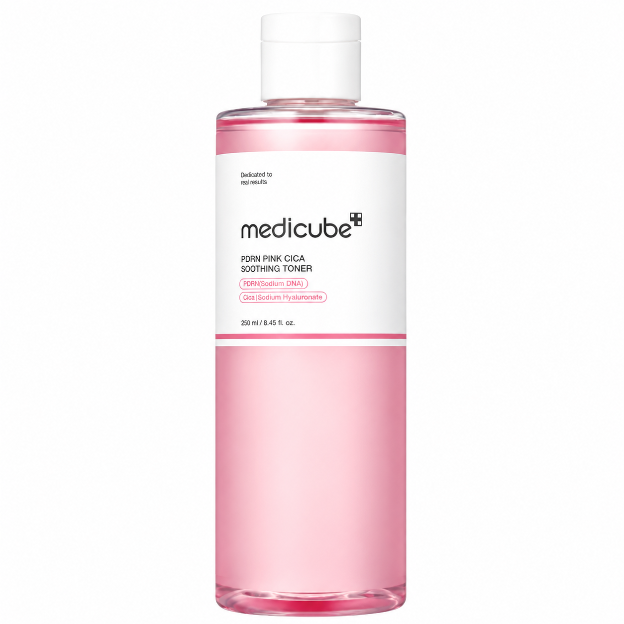clear pink medicube pdrn pink cica soothing toner bottle with a white cap on a clean white background, featuring minimalist skincare packaging.