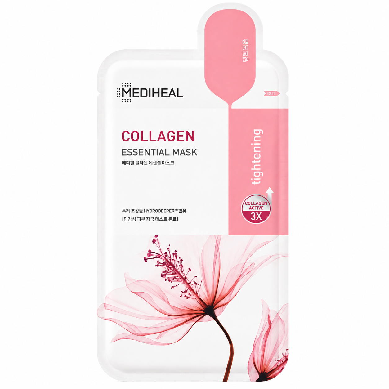 mediheal collagen essential mask sachet with white and pink packaging, featuring collagen active 3x and delicate floral artwork on a clean white background.