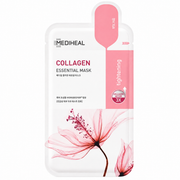 mediheal collagen essential mask sachet with white and pink packaging, featuring collagen active 3x and delicate floral artwork on a clean white background.