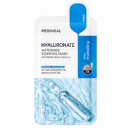mediheal hyaluronate watermide essential mask sachet with white and blue packaging, featuring hyalu active 3x and a hydrating ampoule design on a clean white background.