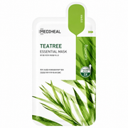 mediheal teatree essential mask sachet with white and green packaging, featuring teatree active 3x, calming benefits, and fresh tea tree leaf artwork on a clean white background.
