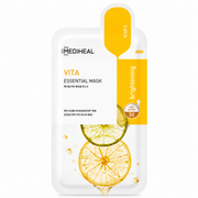 mediheal vita essential mask sachet with white and yellow packaging, featuring vita active 3x, brightening benefits, and vibrant citrus slice artwork on a clean white background.