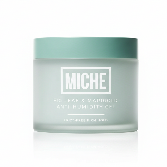 Miche anti-humidity gel jar with figs and wood on a light background