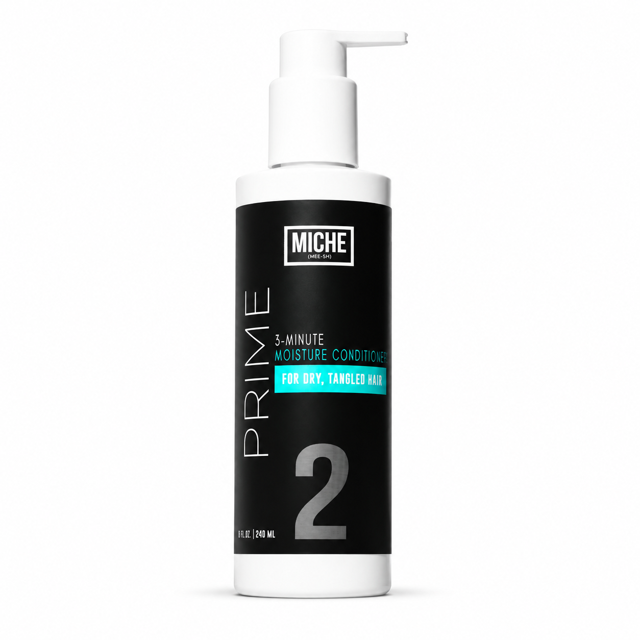 A bottle of MICHE Prime 2 5-Minute Moisture Conditioner for dry, tangle-free hair, featuring a black and white design with a white pump dispenser.