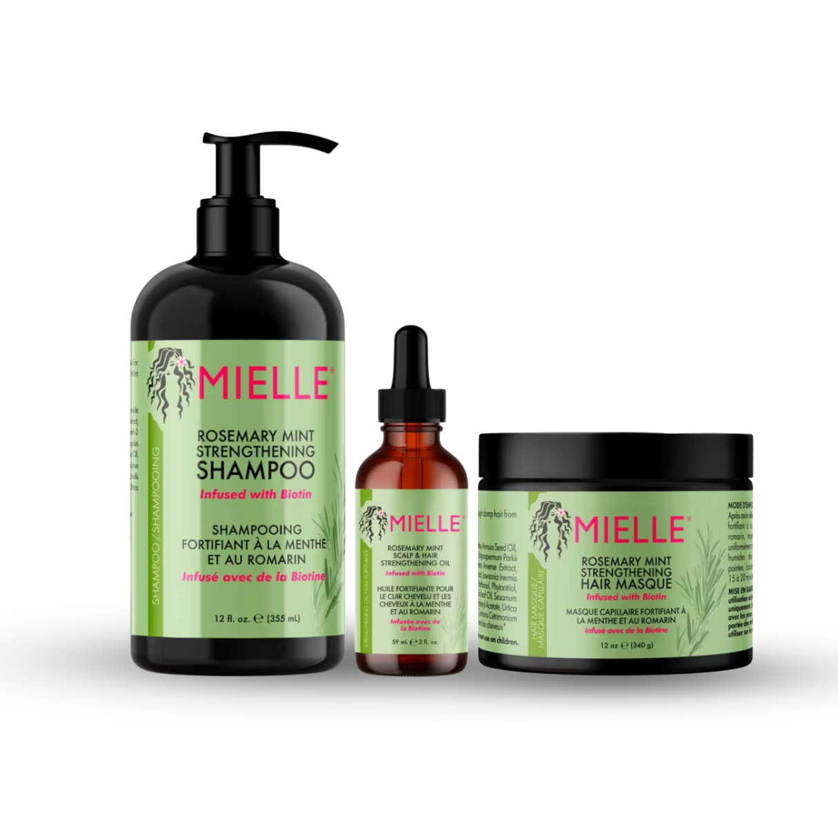 Three MIELLE haircare products on a white background: a large black pump bottle of Rosemary Mint Strengthening Shampoo, a small amber dropper bottle, and a black-lidded jar of Rosemary Mint Strengthening Hair Masque.