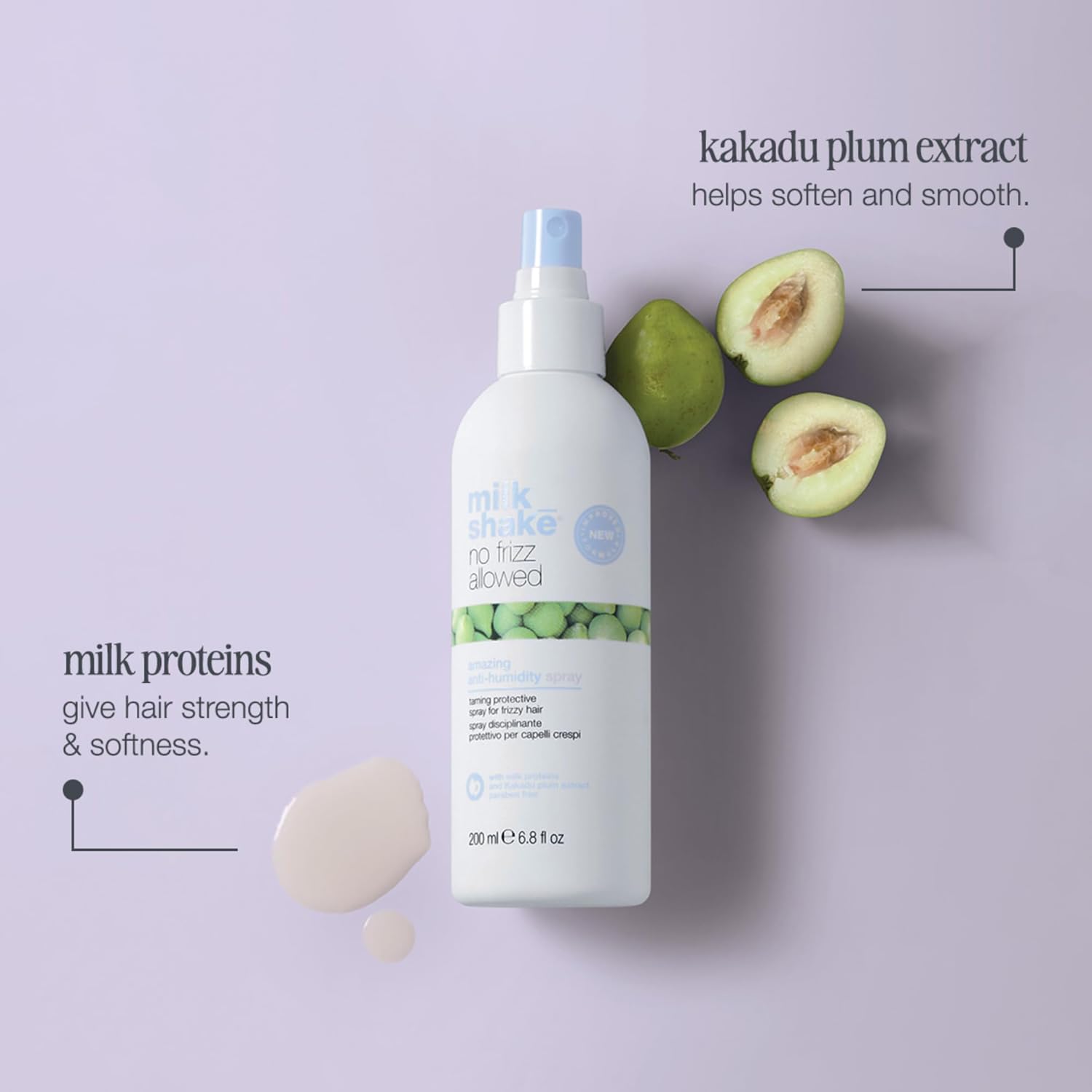 Milk Shake No Frizz Allowed spray with milk proteins and Kakadu plum extract for smoother, softer, frizz-free hair