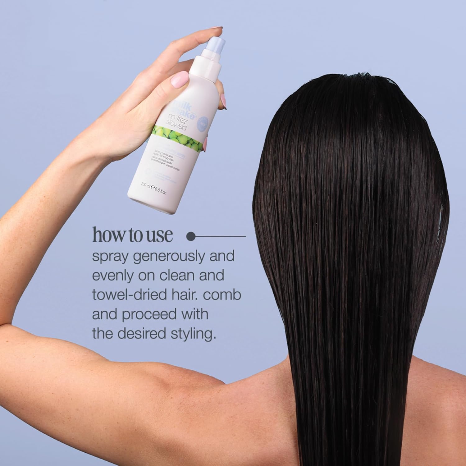 Applying Milk Shake No Frizz Allowed anti-humidity spray to towel-dried hair before blow drying and styling