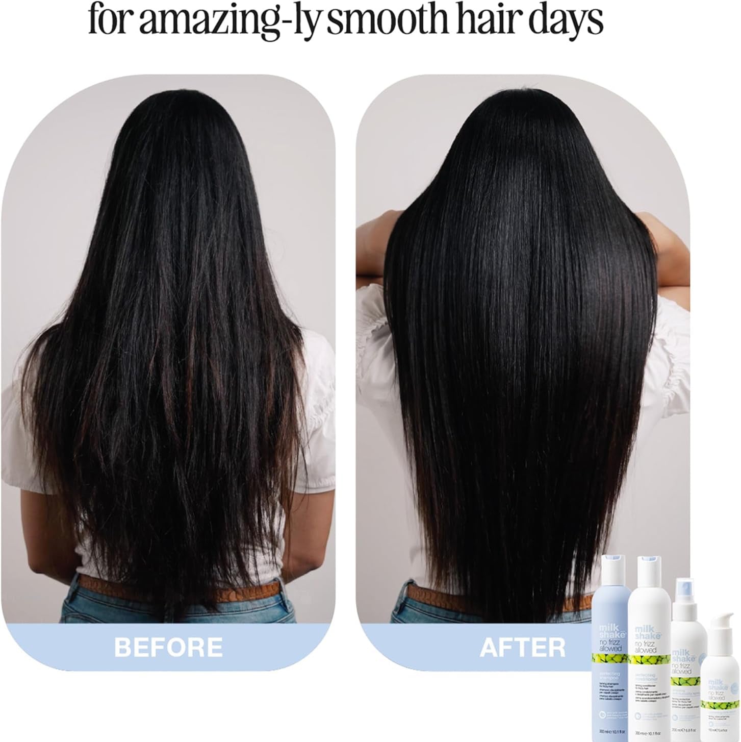 Before and after results using Milk Shake No Frizz Allowed anti-humidity spray for smoother, shinier and frizz-free hair