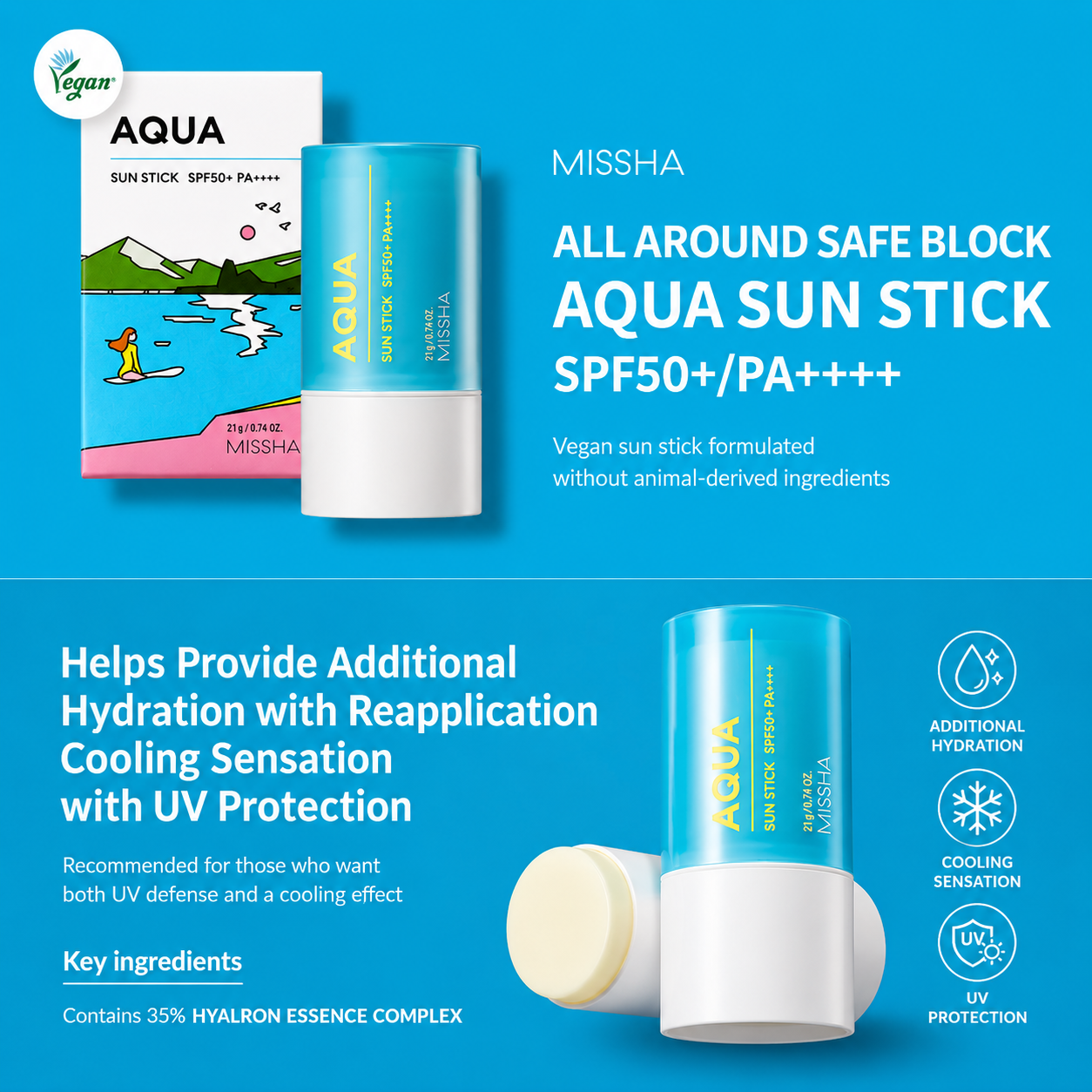 infographic for missha all around safe block aqua sun stick spf50+/pa++++ highlighting vegan formula, hydrating hyalron essence complex, cooling sensation, and uv protection with product packaging and sunscreen stick illustrations