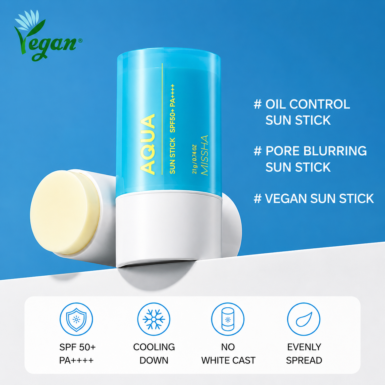 infographic highlighting the missha all around safe block aqua sun stick spf50+/pa++++, featuring key benefits including spf50+ protection, cooling effect, oil control, pore blurring, vegan formula, no white cast, and smooth, even application.