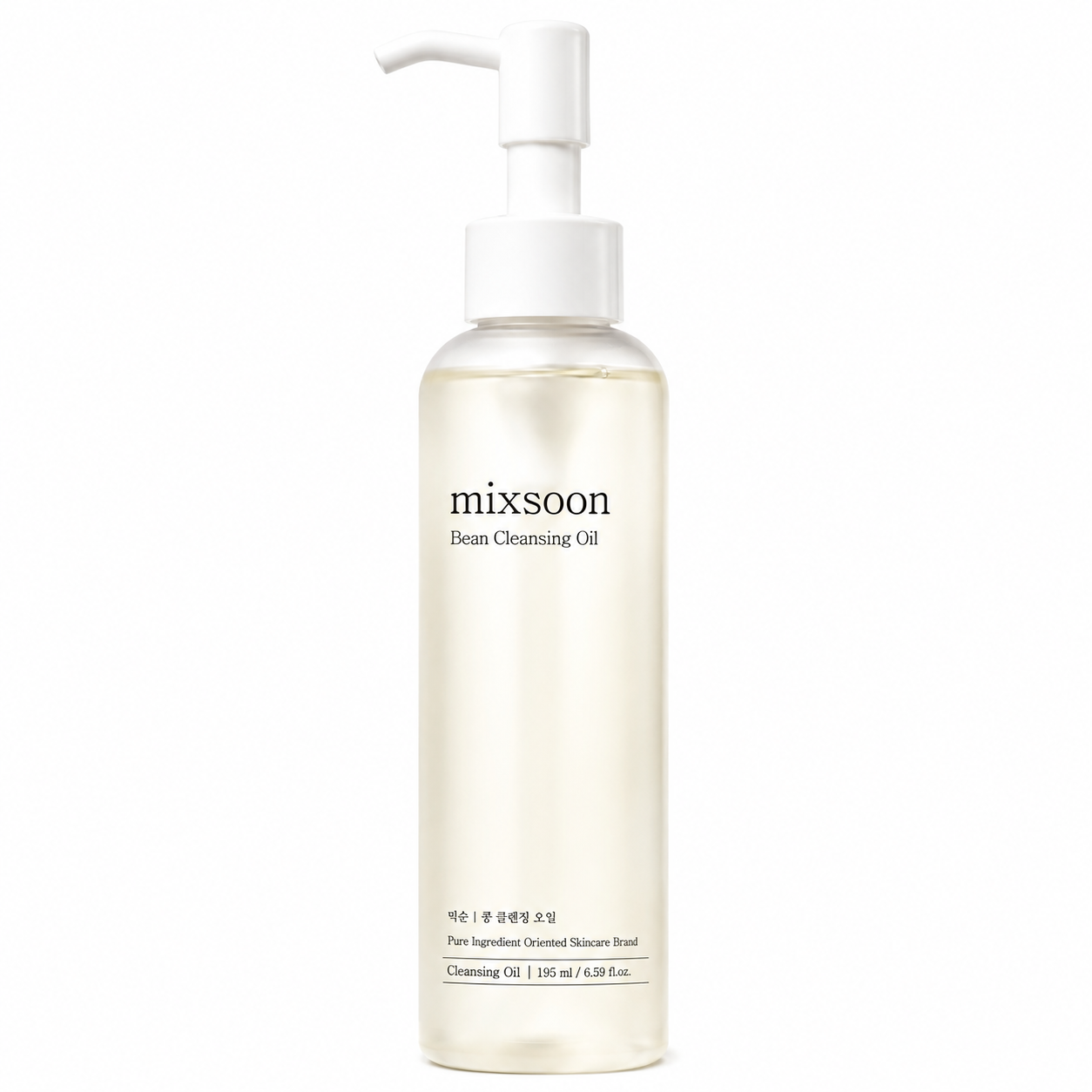 mixsoon bean cleansing oil in a clear pump bottle with a white dispenser on a white background. lightweight cleansing oil formulated with fermented bean extract to dissolve makeup, sunscreen, and impurities while leaving skin soft, hydrated, and refreshed.