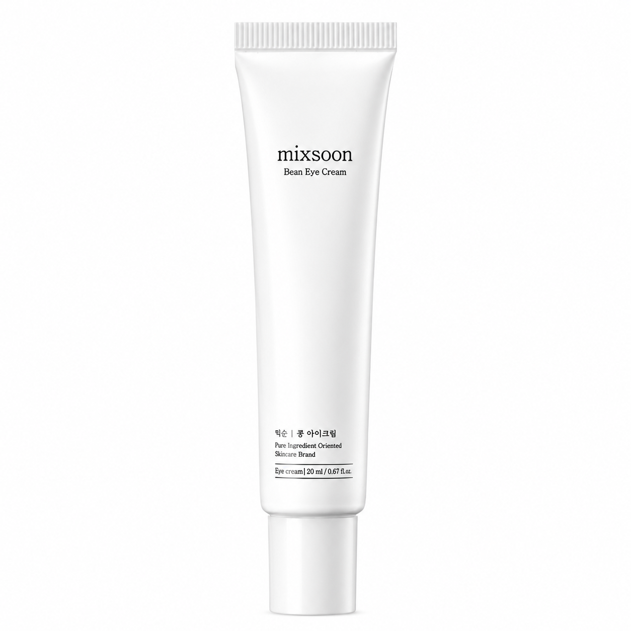 mixsoon bean eye cream in a minimalist white tube with a matching white cap on a white background. lightweight eye cream formulated to hydrate the delicate eye area, improve skin elasticity, and help reduce the appearance of fine lines and dryness.
