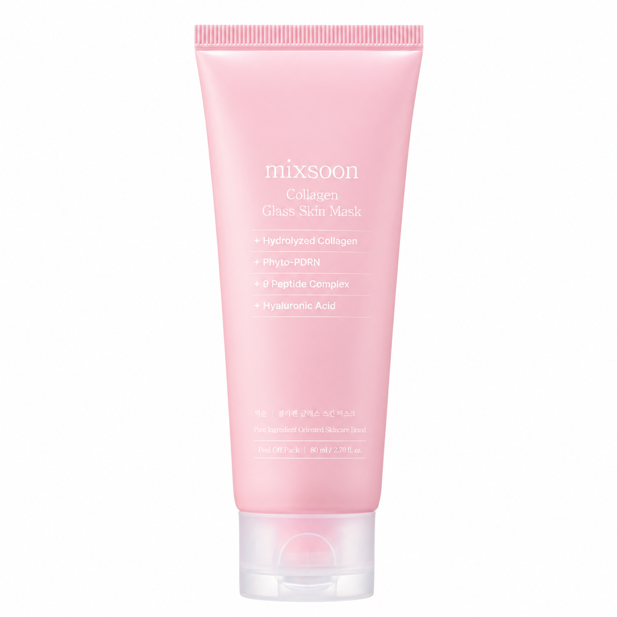 mixsoon collagen glass skin mask in a pastel pink squeeze tube with a translucent flip-top cap, displayed on a clean white background.
