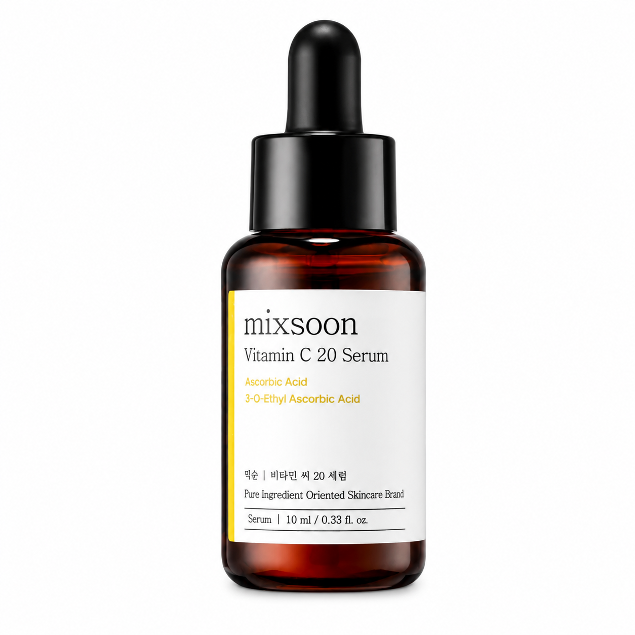 mixsoon vitamin c 20 serum in a brown glass dropper bottle with a black pipette and white label, displayed on a clean white background.