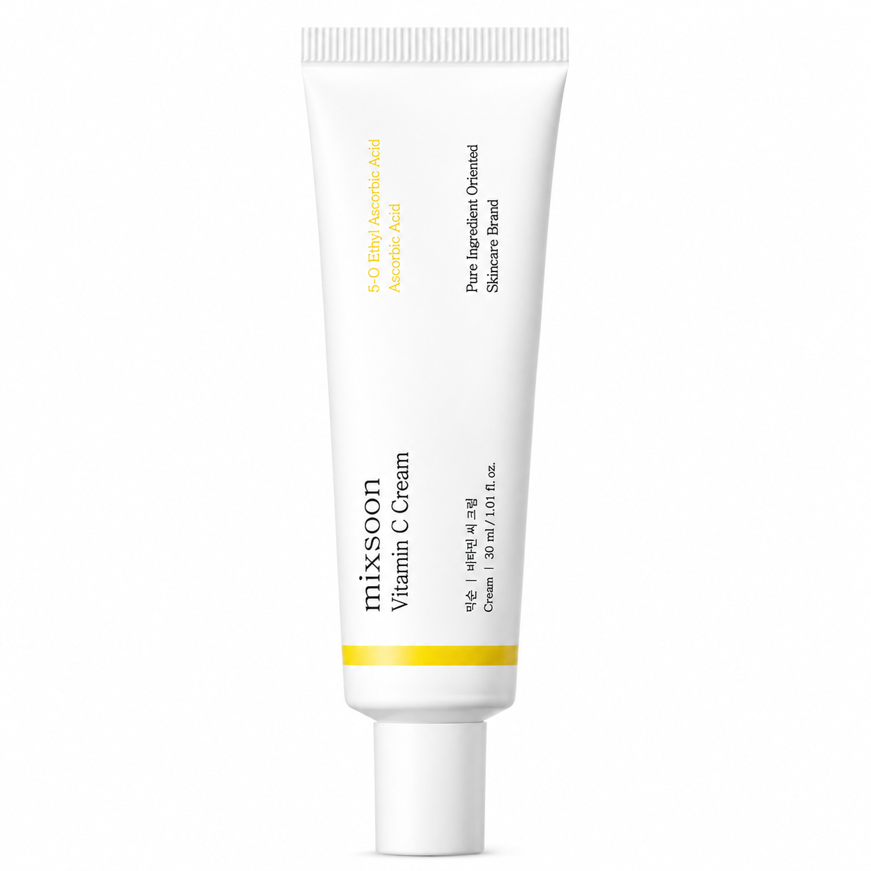 mixsoon vitamin c cream in a minimalist white tube with a matching white cap and yellow accent on a white background. brightening facial cream formulated with vitamin c to help improve skin radiance, even skin tone, and provide antioxidant protection while hydrating the skin.