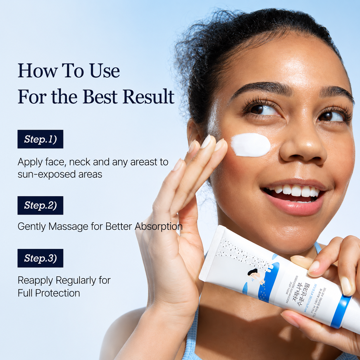 model applying birch juice moisturizing sunscreen to her cheek while holding the sunscreen tube, with step-by-step application instructions on a soft blue background.