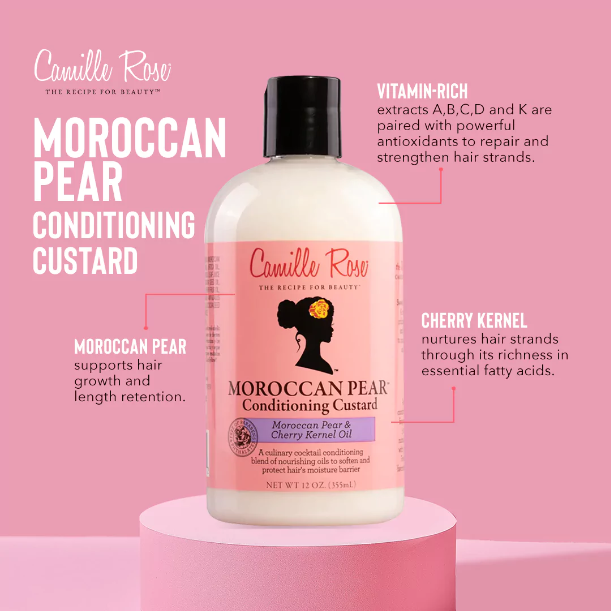 Camille Rose Moroccan Pear Conditioning Custard for curly hair – enriched with Moroccan pear, cherry kernel oil, and vitamins A, B, C, D, and K to support hair growth, moisture retention, and strand repair
