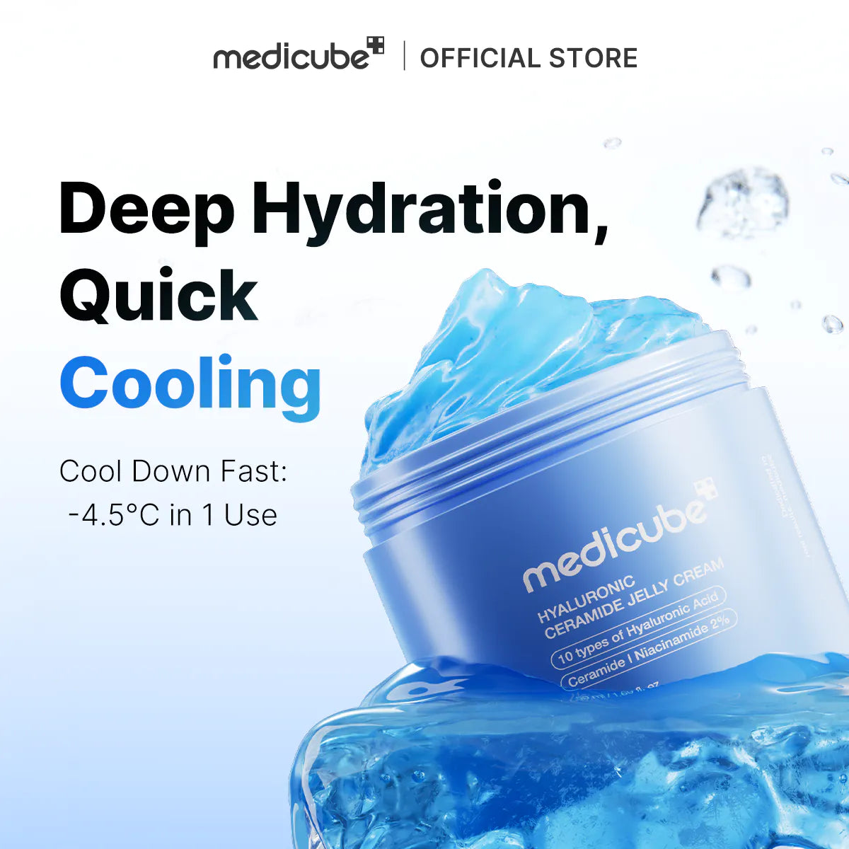 Blue jar of Medicube cream with water droplets and text about deep hydration and quick cooling.