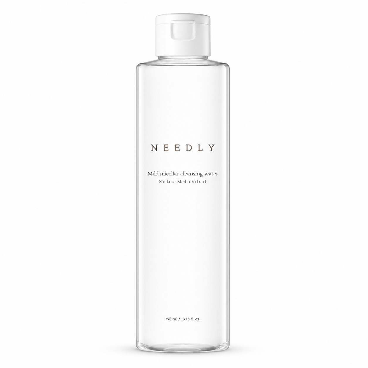 needly mild micellar cleansing water 390ml in a clear rectangular bottle with a white flip-top cap on a white background