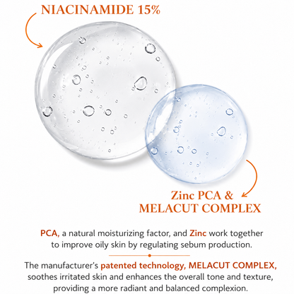 niacinamide 15% ingredient graphic featuring translucent serum textures on a clean white background. highlights niacinamide 15%, zinc pca and melacut complex to help regulate excess sebum, soothe the skin, improve overall skin tone and texture, and support a balanced, radiant complexion