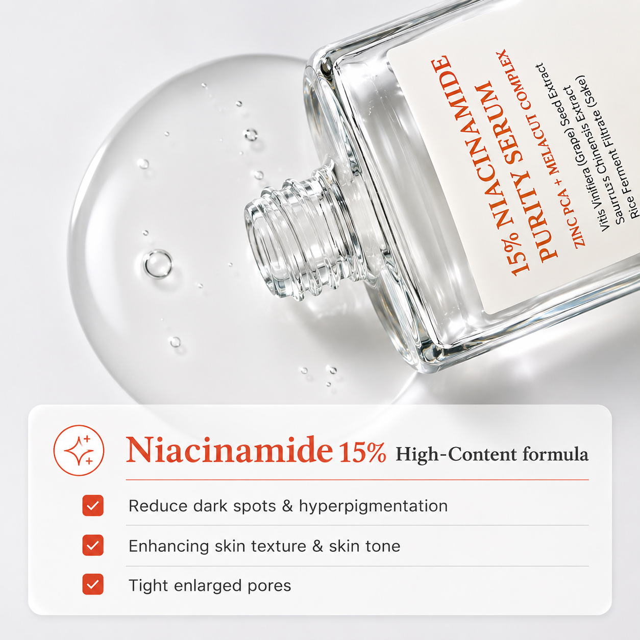 niacinamide 15% purity serum bottle with clear serum texture on a clean white background. promotional graphic highlighting a high-content niacinamide formula to help reduce dark spots and hyperpigmentation, improve skin texture and tone, and minimise the appearance of enlarged pores.