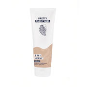 A white squeeze tube of Pretty Curly Girl 2 in 1 Heavy Cream hair product, featuring a beige wave graphic and black text, set against a plain white background.