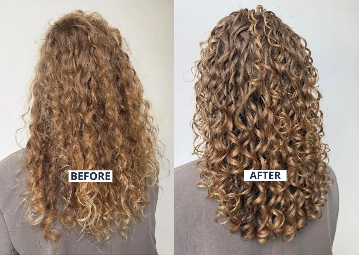 Before and after comparison of curly hair with 'Before' on the left and 'After' on the right. Pretty Curly Girl Extra Strong Hold Gel Fragrance-Free 250ml