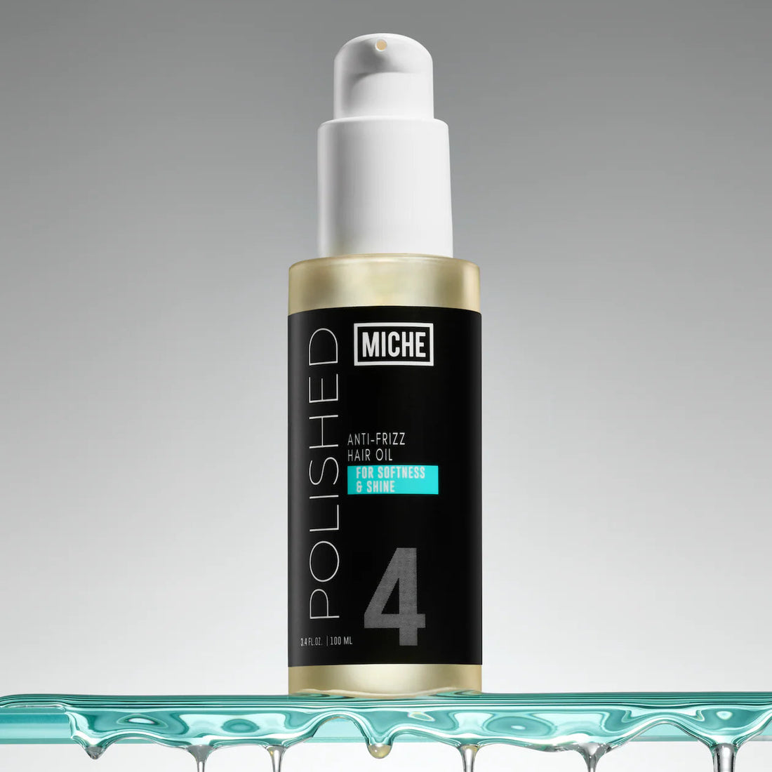 Miche Polished hair care product bottle on a gray background