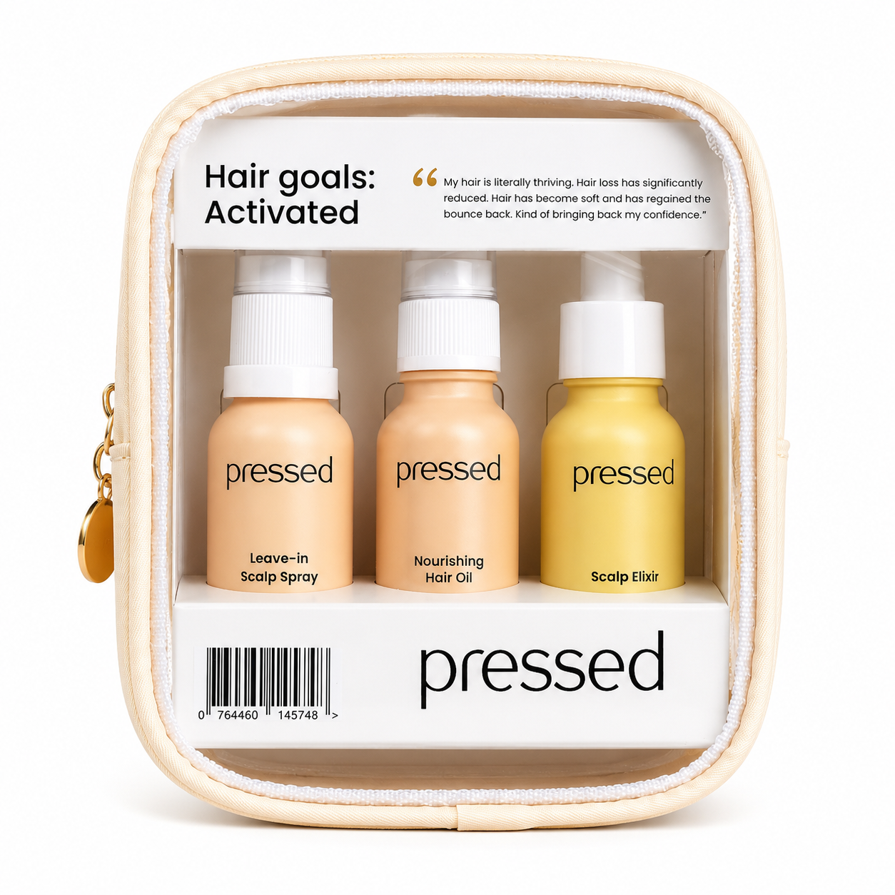 pressed hair care travel kit with leave-in scalp spray, nourishing hair oil and scalp elixir in a clear zip pouch on a white background