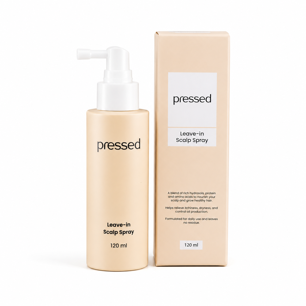 pressed leave-in scalp spray and box 120ml bottle with white pump on a white background
