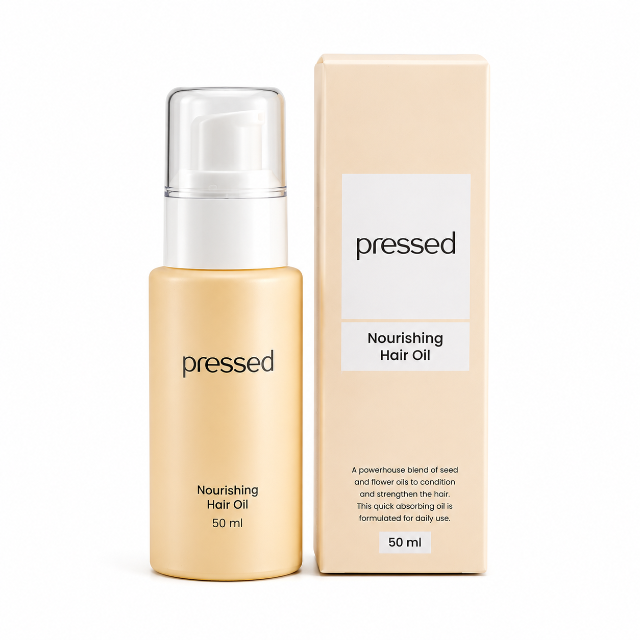 pressed nourishing hair oil with box on a white background