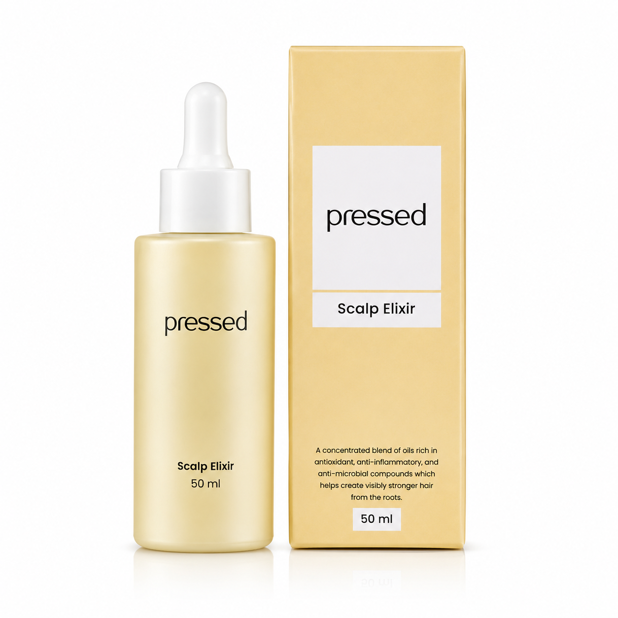 pressed scalp elixir 50ml dropper bottle and box on a white background
