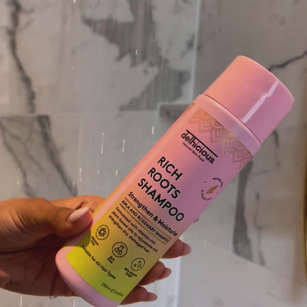 Load video: Delhicious Rich Roots Amla &amp; Rosemary Shampoo - 250ml