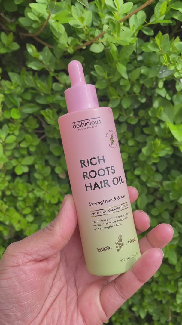 Load video: Delhicious Rich Roots Amla &amp; Rosemary Hair Oil - 50ml