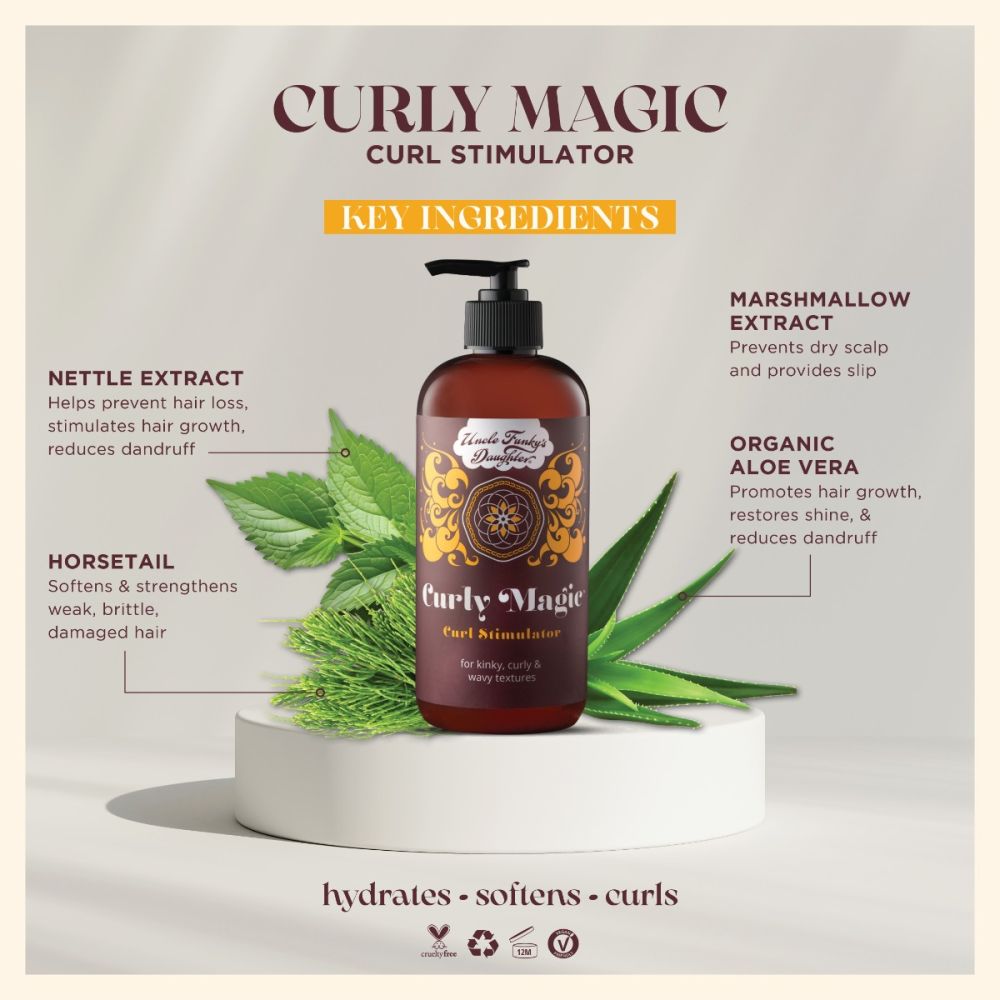 Curly Magic Curl Stimulator bottle with key ingredients listed on a light gray background