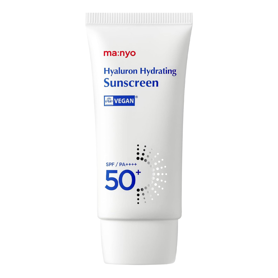 Sunscreen cream tube with 'manyo' branding on a white background