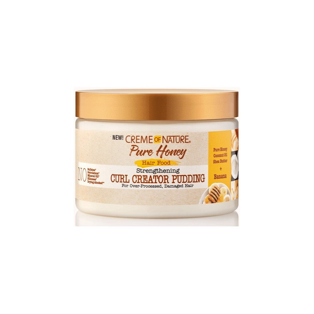 A container of Creme of Nature Pure Honey Hair Food Strengthening Curl Creator Pudding with a label showing the product name, description, and images of honey, bananas, and hair stylings.
