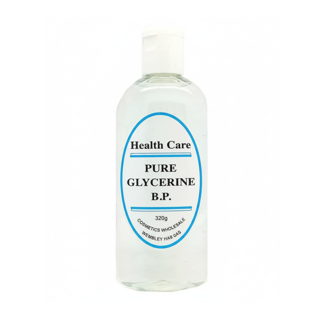Bottle of pure glycerine with a label on a white background