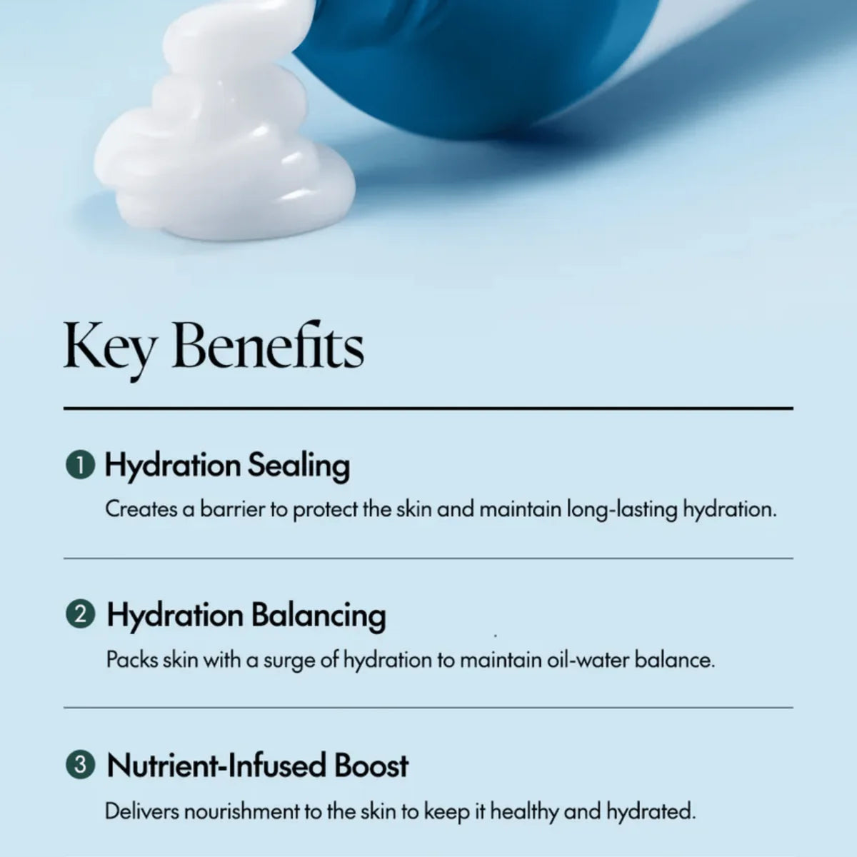 Key benefits of a skincare product with text on a light blue background
