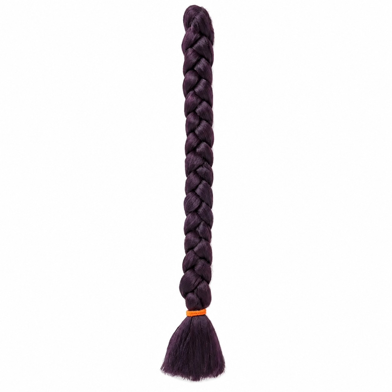 purple long synthetic braiding hair extension in a neat three-strand braid with a smooth tassel end secured by a orange elastic band, isolated on a clean white background