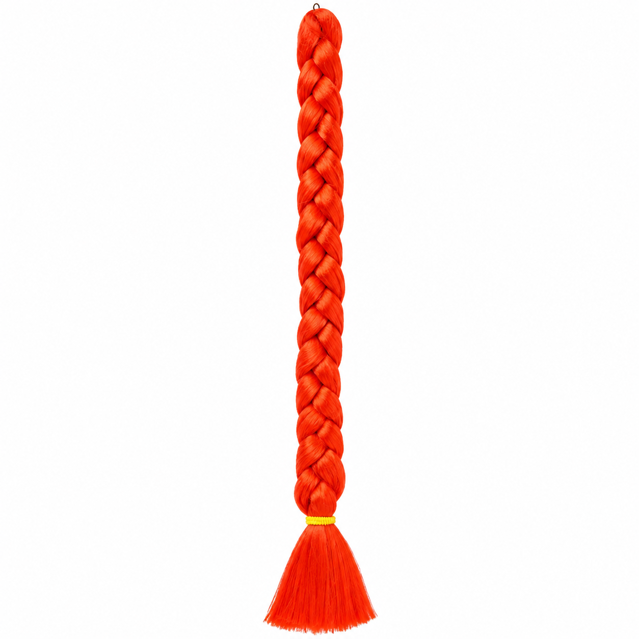 red long synthetic braiding hair extension in a neat three-strand braid with a smooth tassel end secured by a yellow elastic band, isolated on a clean white background