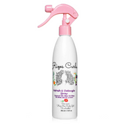 A bottle of Rizos Curls Refresh & Detangle Spray with a pink spray nozzle, labeled for detangling and refreshing curls, with key ingredients listed on the label.